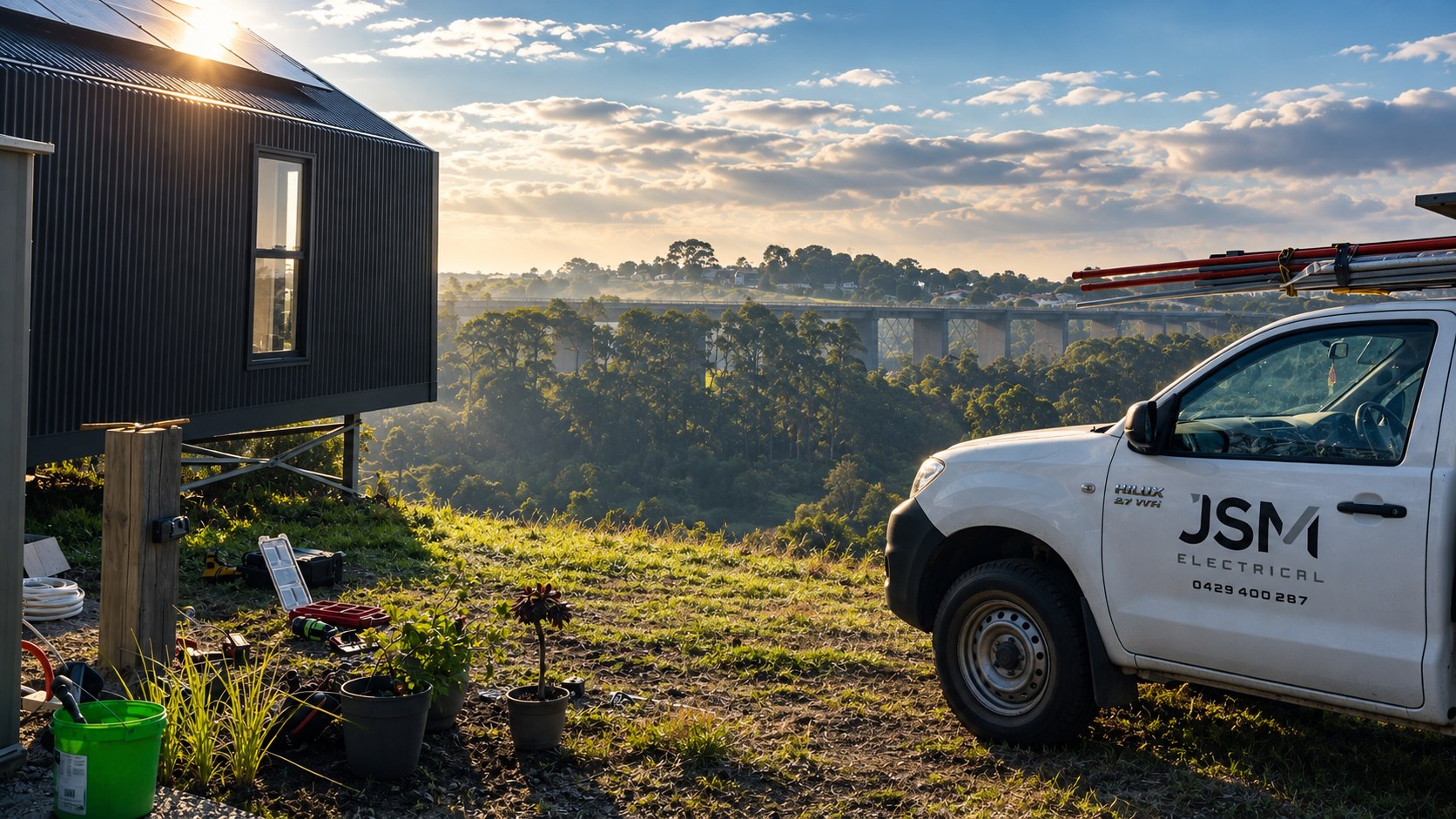 The JSM Electrical Toyota Hilux ute on a rural job site, with gum trees and a viaduct in the valley behind