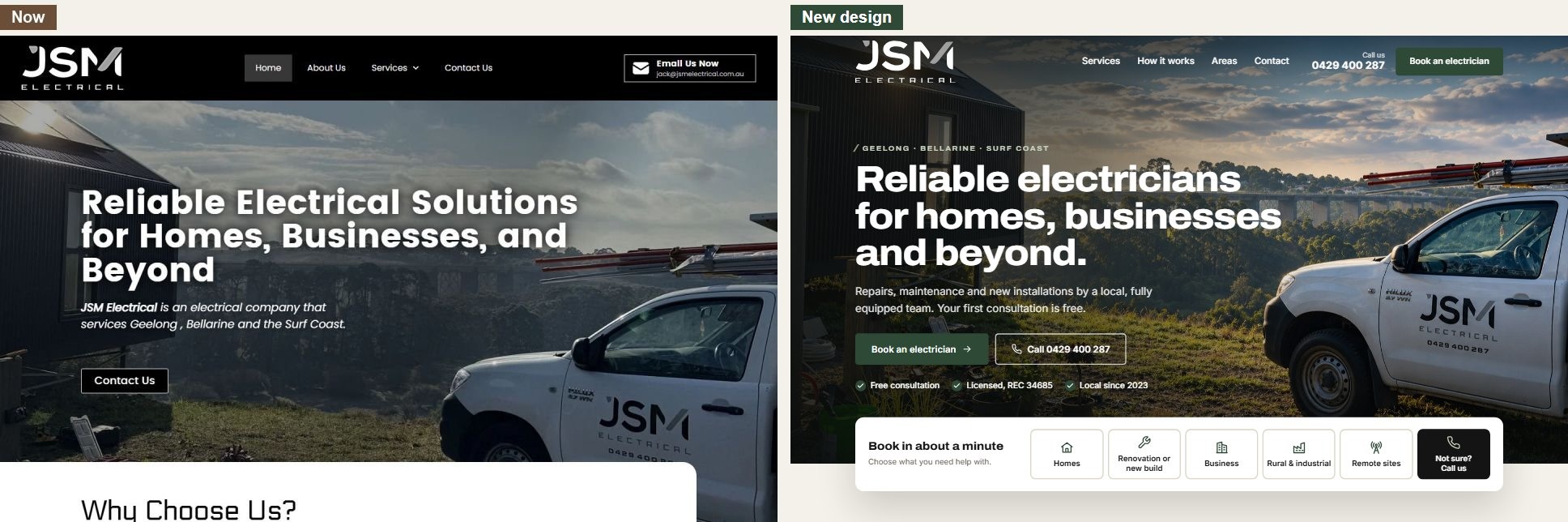 Your current homepage next to the new design
